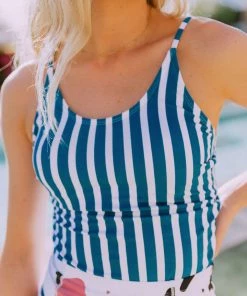 Lucy Avenue Barbados Tie Up Back Top Blue & White Stripes Swim