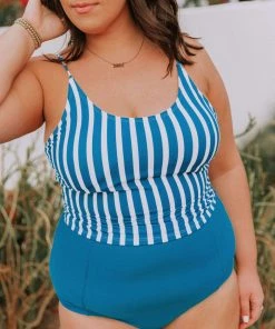 Lucy Avenue Barbados Tie Up Back Top Blue & White Stripes Swim
