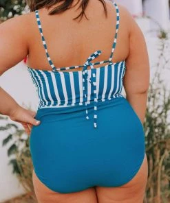 Lucy Avenue Barbados Tie Up Back Top Blue & White Stripes Swim