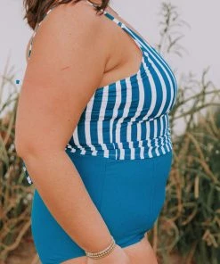 Lucy Avenue Barbados Tie Up Back Top Blue & White Stripes Swim