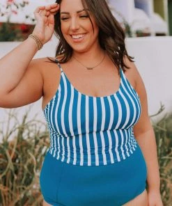 Lucy Avenue Barbados Tie Up Back Top Blue & White Stripes Swim