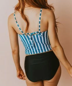 Lucy Avenue Barbados Tie Up Back Top Blue & White Stripes Swim