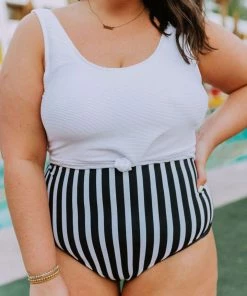 Lucy Avenue Swim Breezy Reversible High Rise Bottom Black And Black & White Stripes