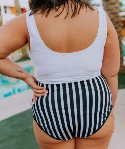 Lucy Avenue Swim Breezy Reversible High Rise Bottom Black And Black & White Stripes