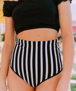 Lucy Avenue Swim Breezy Reversible High Rise Bottom Black And Black & White Stripes