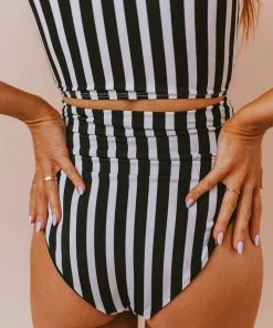 Lucy Avenue Swim Breezy Reversible High Rise Bottom Black And Black & White Stripes