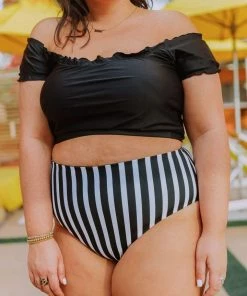 Lucy Avenue Breezy Reversible Mid Rise Bottom Black And Black & White Stripes Swim