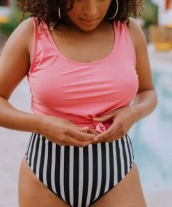 Lucy Avenue Breezy Reversible Mid Rise Bottom Black And Black & White Stripes Swim