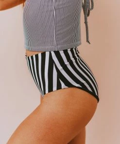 Lucy Avenue Breezy Reversible Mid Rise Bottom Black And Black & White Stripes Swim
