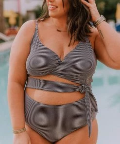 Lucy Avenue Puerto Rico Cutout One Piece Black & White Pin Stripes Swim