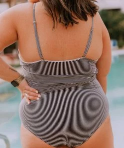 Lucy Avenue Puerto Rico Cutout One Piece Black & White Pin Stripes Swim