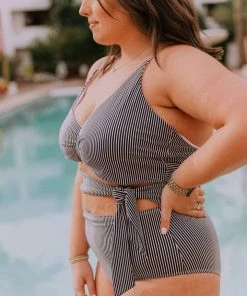 Lucy Avenue Puerto Rico Cutout One Piece Black & White Pin Stripes Swim