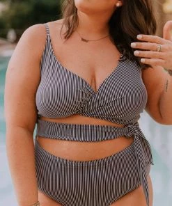 Lucy Avenue Puerto Rico Cutout One Piece Black & White Pin Stripes Swim