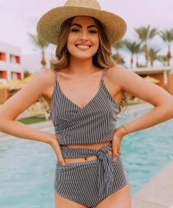 Lucy Avenue Puerto Rico Cutout One Piece Black & White Pin Stripes Swim