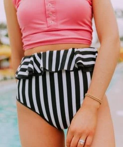 Lucy Avenue Tropical Reversible Peplum Ultra High Rise Bottom Black And Black & White Stripes