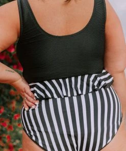 Lucy Avenue Tropical Reversible Peplum Ultra High Rise Bottom Black And Black & White Stripes