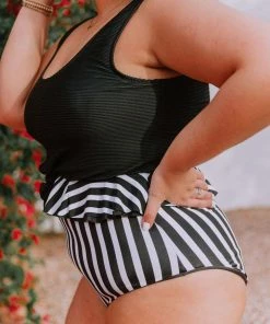 Lucy Avenue Tropical Reversible Peplum Ultra High Rise Bottom Black And Black & White Stripes