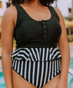 Lucy Avenue Tropical Reversible Peplum Ultra High Rise Bottom Black And Black & White Stripes