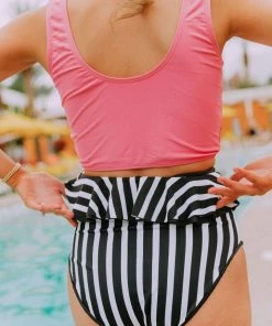 Lucy Avenue Tropical Reversible Peplum Ultra High Rise Bottom Black And Black & White Stripes