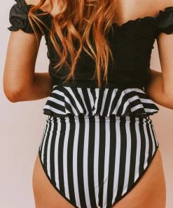 Lucy Avenue Tropical Reversible Peplum Ultra High Rise Bottom Black And Black & White Stripes