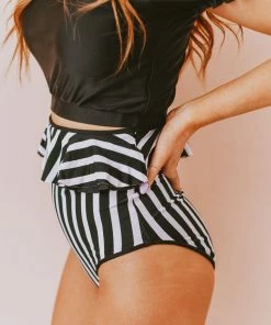 Lucy Avenue Tropical Reversible Peplum Ultra High Rise Bottom Black And Black & White Stripes