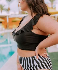 Lucy Avenue Tulum Ruffle Top Black Swim