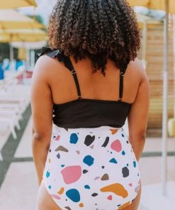 Lucy Avenue Tulum Ruffle Top Black Swim