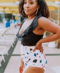 Lucy Avenue Tulum Ruffle Top Black Swim