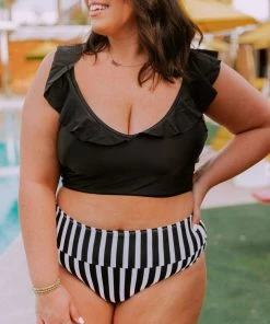 Lucy Avenue Tulum Ruffle Top Black Swim