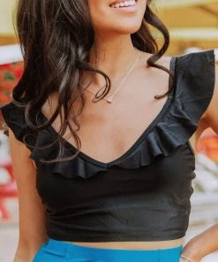 Lucy Avenue Tulum Ruffle Top Black Swim