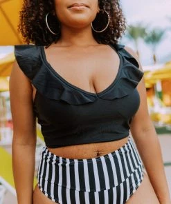 Lucy Avenue Tulum Ruffle Top Black Swim