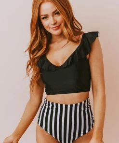 Lucy Avenue Tulum Ruffle Top Black Swim