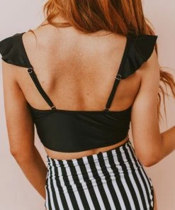 Lucy Avenue Tulum Ruffle Top Black Swim