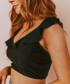 Lucy Avenue Tulum Ruffle Top Black Swim