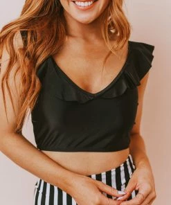 Lucy Avenue Tulum Ruffle Top Black Swim
