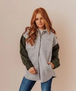 Lucy Avenue Lula Color Block Shacket Grey/Olive