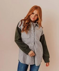 Lucy Avenue Lula Color Block Shacket Grey/Olive