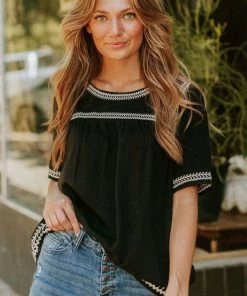 Vendor-unknown Tops Beth Embroidered Top Black