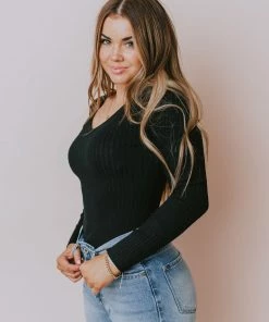 Lucy Avenue Charli Rib Knit Bodysuit Black