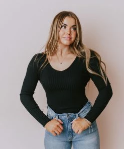 Lucy Avenue Charli Rib Knit Bodysuit Black