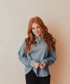 Vendor-unknown Dolly Button Up Sweatshirt Blue Tops