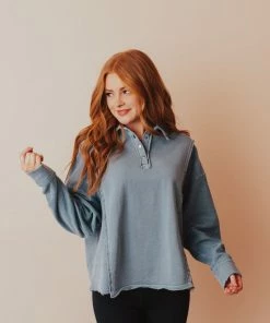 Vendor-unknown Dolly Button Up Sweatshirt Blue Tops