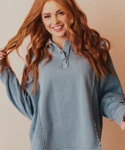 Vendor-unknown Dolly Button Up Sweatshirt Blue Tops