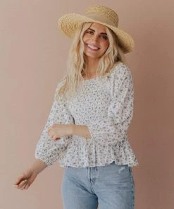 Vendor-unknown Ellen Floral Patterned Smocked Blouse Ivory Tops