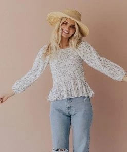 Vendor-unknown Ellen Floral Patterned Smocked Blouse Ivory Tops