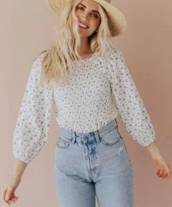 Vendor-unknown Ellen Floral Patterned Smocked Blouse Ivory Tops