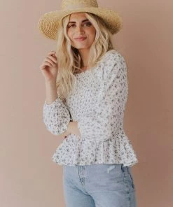 Vendor-unknown Ellen Floral Patterned Smocked Blouse Ivory Tops