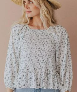 Vendor-unknown Ellen Floral Patterned Smocked Blouse Ivory Tops