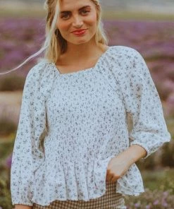 Vendor-unknown Ellen Floral Patterned Smocked Blouse Ivory Tops