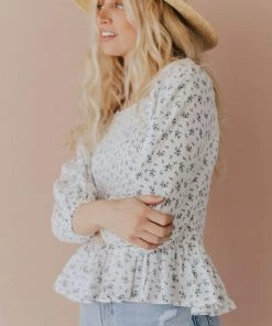 Vendor-unknown Ellen Floral Patterned Smocked Blouse Ivory Tops